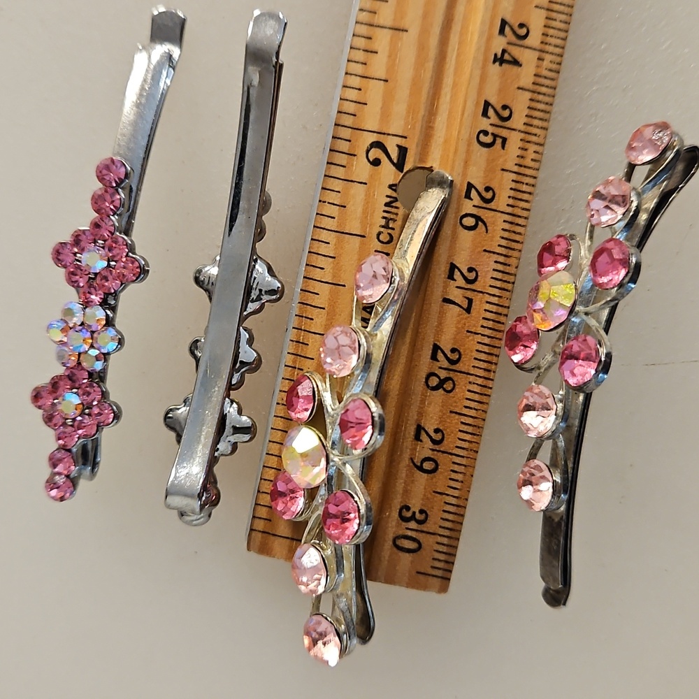 Set of 4 Pink and Aurora Borealis Rhinestone hair pins Special Occasion Bun - Picture 2 of 6